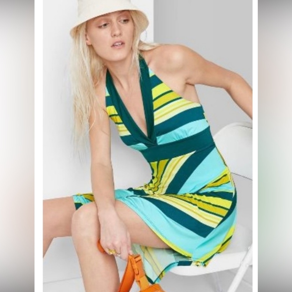 NWT Wild Fable Teal & Yellow Striped Halter A-Line Dress Handkerchief Hem XL - Picture 3 of 14